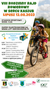 Plakat zachęcający do udziału w rajdzie rowerowym, tło jest białe, po prawej jest zdjęcie dzieci na rowerach, u góry jest nazwa wydarzenia i jego data i miejsce, niżej jest informacja o zapisach, na środku program i informacje o trasach, na dole są patroni wydarzenia