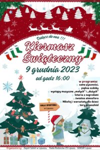 plakat zachęcający do udziału w kiermaszu, w świątecznym nastroju, u góry czerwone tło ze zwisającymi gwiazdkami i saniami świętego Mikołaja, na dole plakatu choinka z prezentami i informacjami dotyczącymi programu