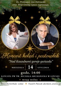 Plakat zapraszający na koncert kolęd, na pierwszym tle bombki w których są zdjęcia występujących, tło jest czarne, u góry jest tekst zapraszający, w rogach są gałęzie choinki, na środku jest nazwa wydarzenia, data, godzina, miejsce i informacja o wstępie wolnym, na dole są nazwiska autorów