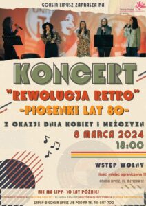 Plakat zapraszający do udziału w koncercie, tło jest białe z elementami różno kolorowymi i nawiązującymi do muzyki, u góry zdjęcie muzyków, i po prawej logo GOKSiR, na środku tytuł wydarzenia, data, miejsce, godzina, i informacja o miejscach, na dole skład zespołu i informacja o zapisach