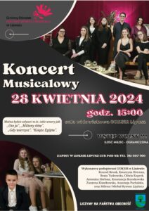 plakat zachęcający do udziału w koncercie, na plakacie znajdują się zdjęcia wykonawców. Plakat jest w kolorystyce czarno różowym, na środku tytuł wydarzenia, data, godzina, miejsce, w lewym dolnym rogu herb Gminy Lipusz a w prawym górnym logo GOKSiR