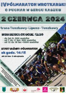 Plakat zachęcający do udziału w półmaratonie wrotkarskim, tło jest białe i elementami niebieskiego, u góry jest tytuł wydarzenia poniżej data , trasa, godziny startu, zdjęcie wrotkarz, a na dole patroni wydarzenia