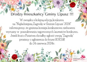 Tekst zachęcający do udziału w konkursie, tło jest białe a na krawędziach są kwiaty, w prawym dolnym rogu jest logo GOKSiR