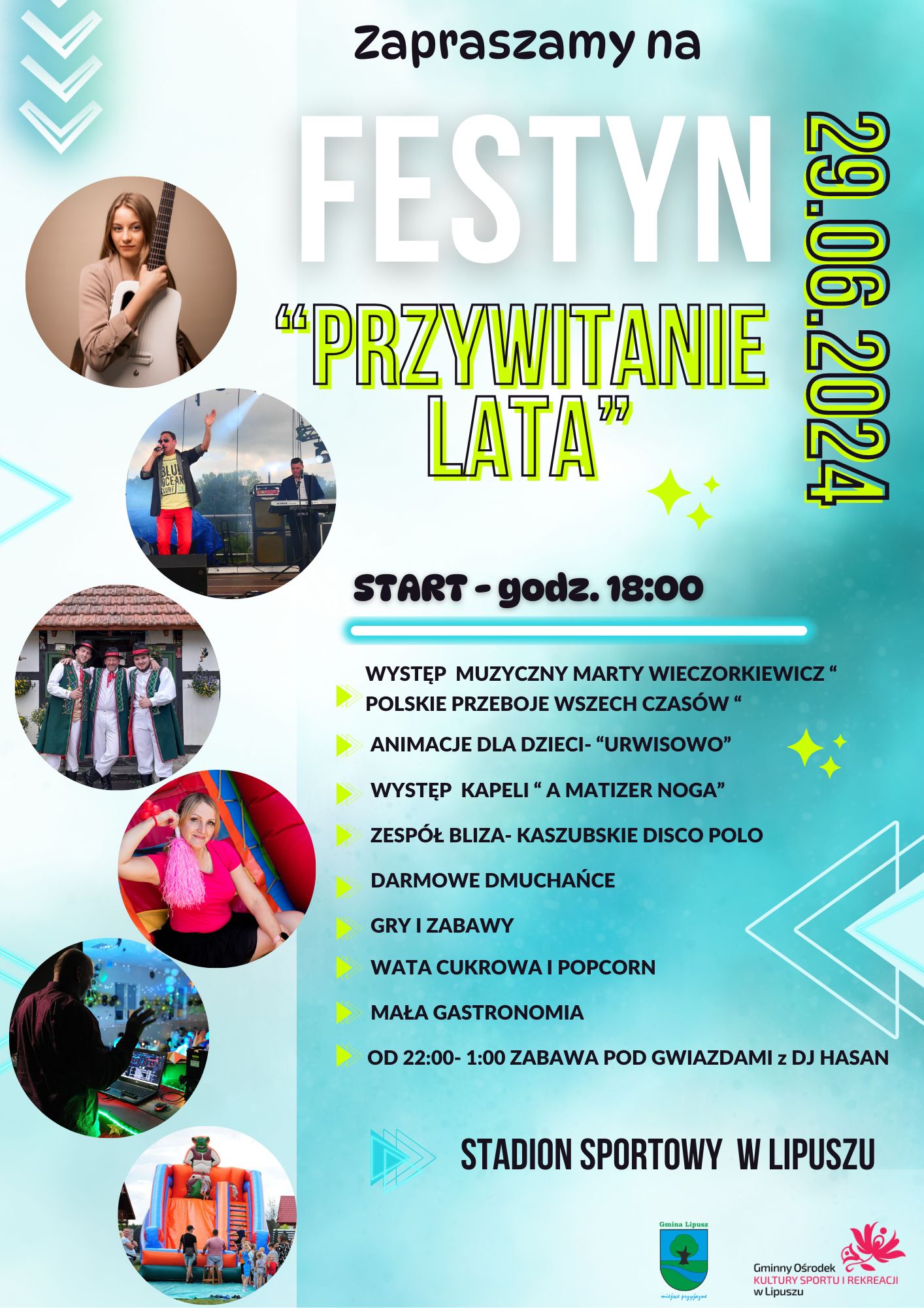 Plakat zachęcający do udziału w festynie, tło jest niebieskie z elementami białęgo, u góry jest tekst zapraszający, po lewej stronie plakatu zdjęcia zachęcające do udziału, po prawej data, godzina, miejsce i program wydarzenia, na dole po prawej herb Gminy Lipusz i logo GOKSiR