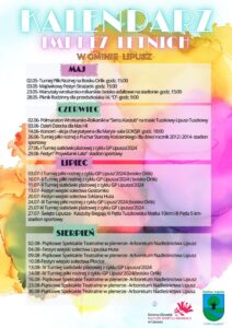 Kalendarz atrakcji na wakacje, tło jest kolorowe głównie różowe, żółte, niebieskie, na dole znajduje się logo GOKSiR i herb Gminy Lipusz