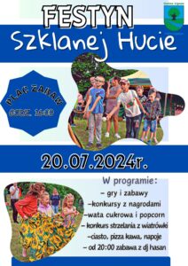 plakat niebiesko- biały z dziećmi bawiących się podczas festynu