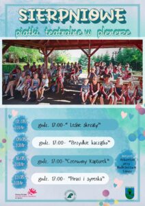 plakat w kolorystyce niebieskiej, w centrum umieszczone jest zdjęcie dzieci oglądających przedstawienie