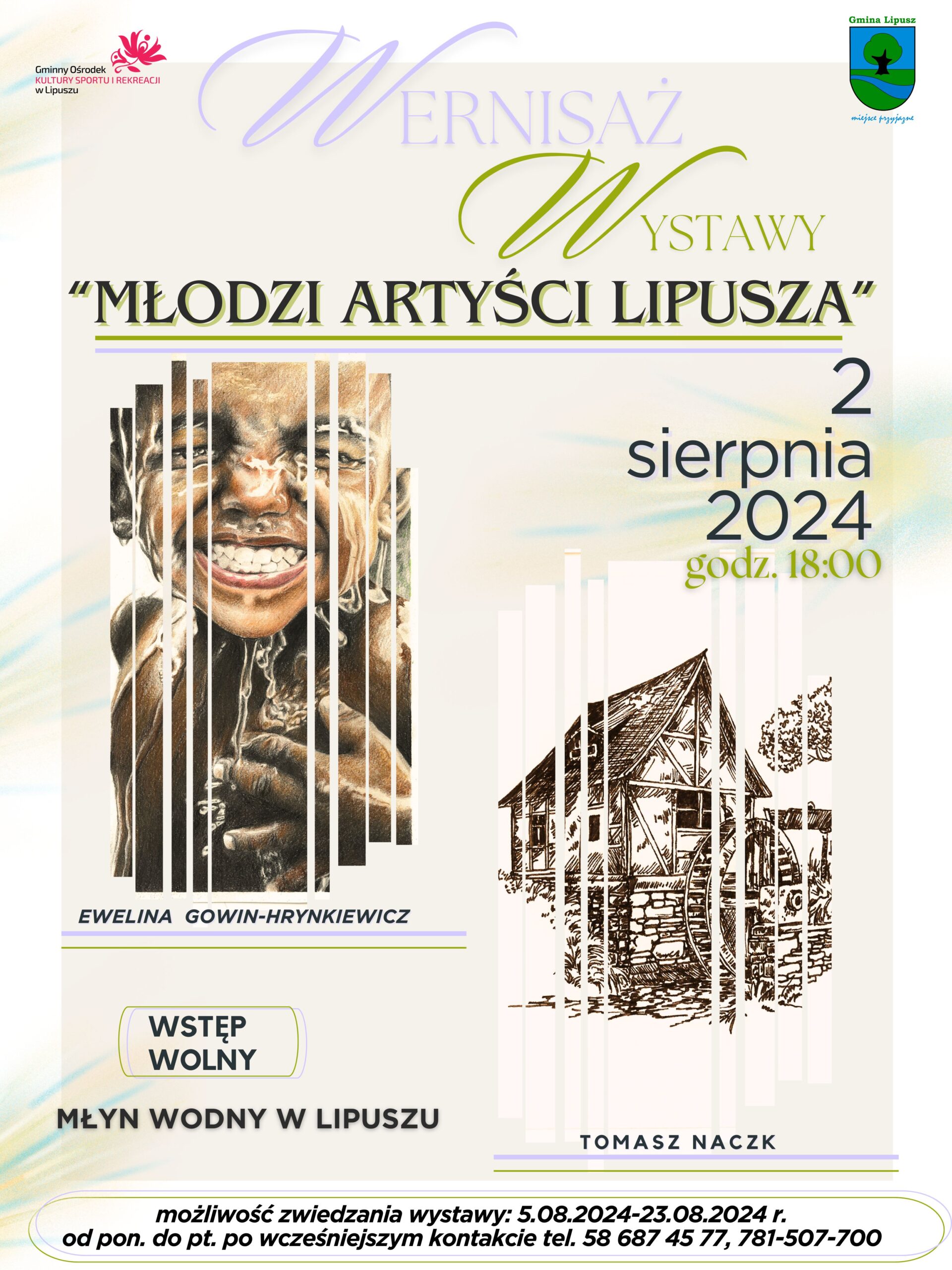 Na plakacie znajdują się dwie prace artystów" czarnoskóry chłopiec oraz naszkicowany młyn z kołem