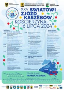 Plakat zachęcający do udziału w zjezdzie Kaszubów, tło jest niebieskie z elementami Kaszubskimi, na górze logo samorządu województwa pomorskiego, zrzeszenia kaszubsko-pomorskiego i miasta Kościerzyna, niżej tytuł i data wydatzenia, program, trasa na wydarzenie i lista sponsorów