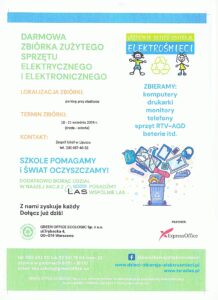 Plakat informujący o zbiórce zużytego sprzętu elektrycznego i elektronicznego, tło jest głównie białe z elementami niebieskiego i zielonego, zawiera informacje o zbiórce, lokalizacje, termin, dane kontaktowe, zbierany sprzęt