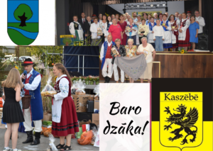 Grupa zdjęć, w lewym górnym rogu herb Gminy Lipusz, po prawej grupe ludzi ubranych w Kaszubskie stroje, w lewym dolnym Dyrektora GOKSiR i 2 innych ludzi ubranych w stroje kaszubskie, po prawej napis 