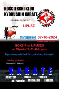 Plakat zapraszający do treningów w Kościerskim Klubie Karate, tło jest pół białe, pół czarne, u góry w tle jest rysunek pojedynku karate, nazwa klubu oraz logo, niżej data startu, miejsce treningów, tekst zaproszeniowy, informacje o trenerze, zdjęcie karateków i napis 
