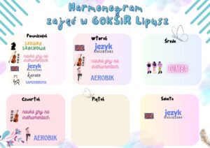 Harmonogram zajęć w GOKSiR Lipusz, tło jest pastelowe w kolorach koło różu, zielonego i niebieskiego, harmogram zawiera dni od poniedziałku do soboty