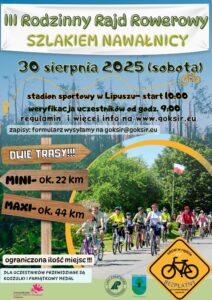 w tle plakatu widać zdjęcie przedstawiające połamane drzewa po nawałnicy z 2017 roku. na pierwszym tle widać zdjęcie rowerzystów biorących udział w rajdzie rowerowym.