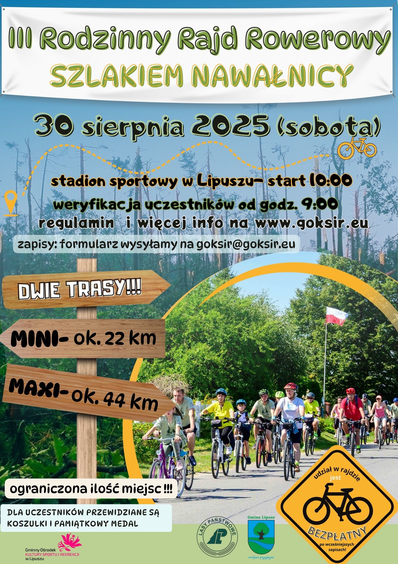 tle plakatu widać zdjęcie przedstawiające połamane drzewa po nawałnicy z 2017 roku. na pierwszym tle widać zdjęcie rowerzystów biorących udział w rajdzie rowerowym.