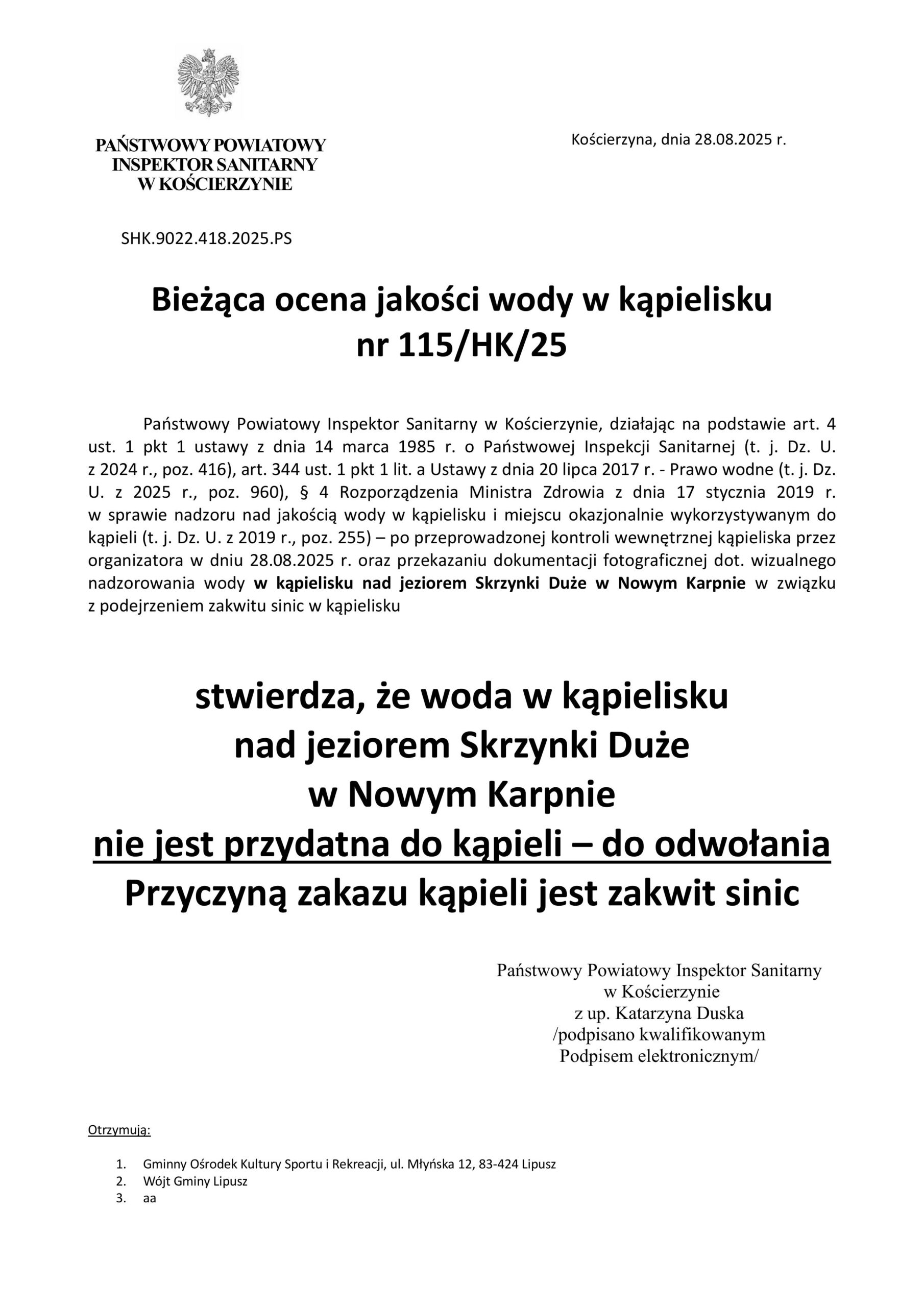 PISMO-ocena jakości wody na kąpielisku