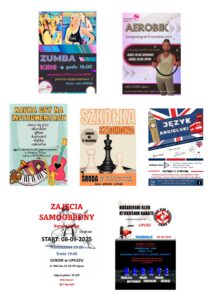 na zdjęciach widać miniaturki plakatów u góry zumba i aerobiku- dwie panie, które prowadzą zajęcia, w środkowym rzędzie plakaty instrumenty, szachy i język angielski, na których widać obrazki instrumentach, szachów i flagi wielkiej Brytanii. Na dole plakaty samoobrony i karate. Na nich widać karateków