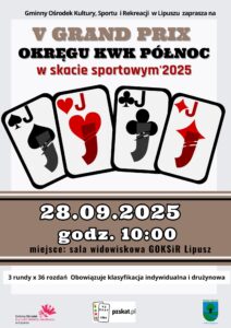 Plakat dotyczący V Grand Prix Okręgu KWK Północ w skacie sportowym 2025. Na plakacie widać 4 karty w kolorach czerwonym i czarnym.