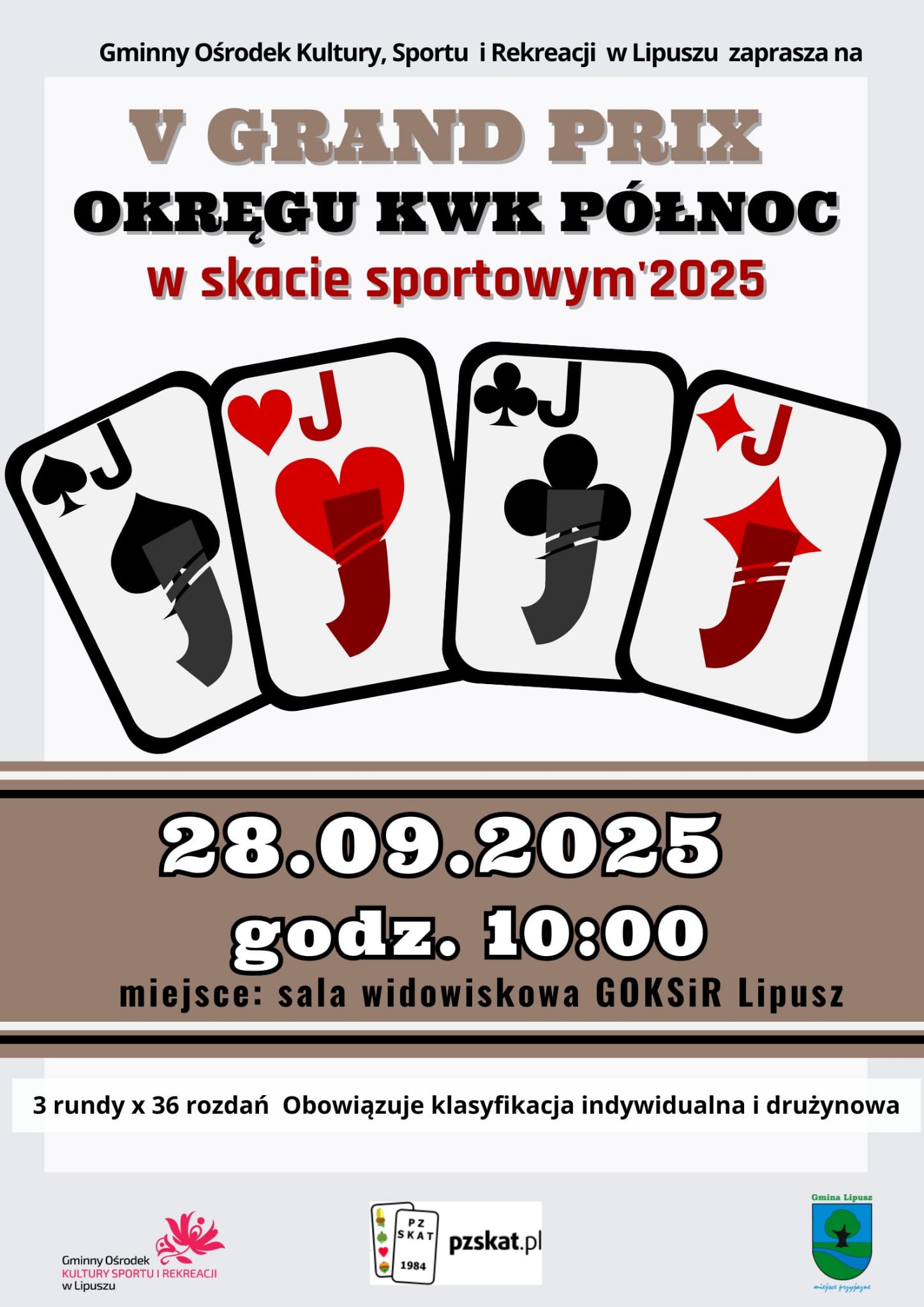 Plakat dotyczący V Grand Prix Okręgu KWK Północ w skacie sportowym 2025. Na plakacie widać 4 karty w kolorach czerwonym i czarnym.