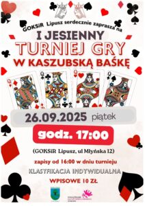 na plakacie ramkę tworzą figury karciane pik, karo, serce i krzyż, w centrum widać figury cztery damy karciane. Plakat w kolorystyce czerwono czarnej.