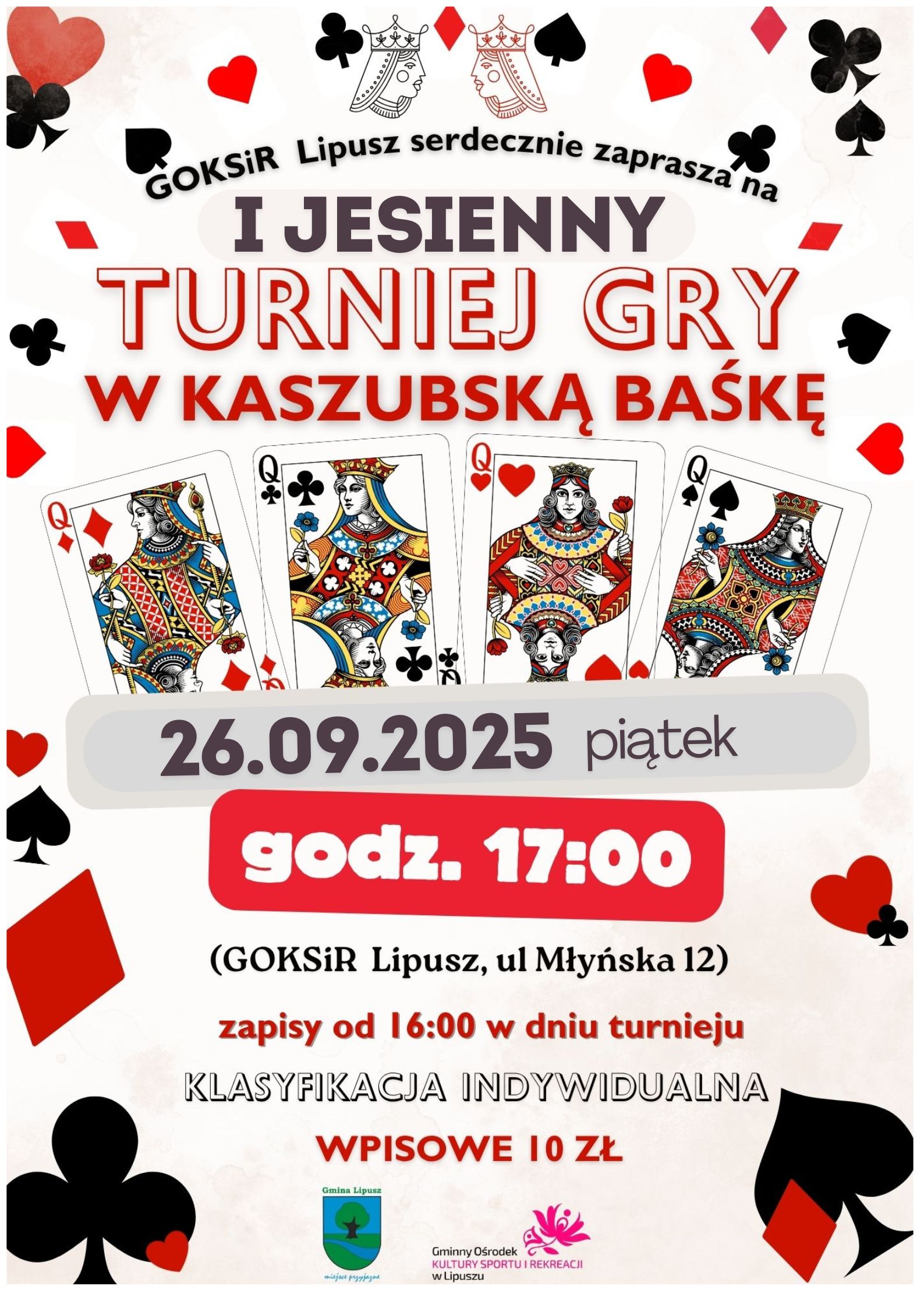 na plakacie ramkę tworzą figury karciane pik, karo, serce i krzyż, w centrum widać figury cztery damy karciane. Plakat w kolorystyce czerwono czarnej.