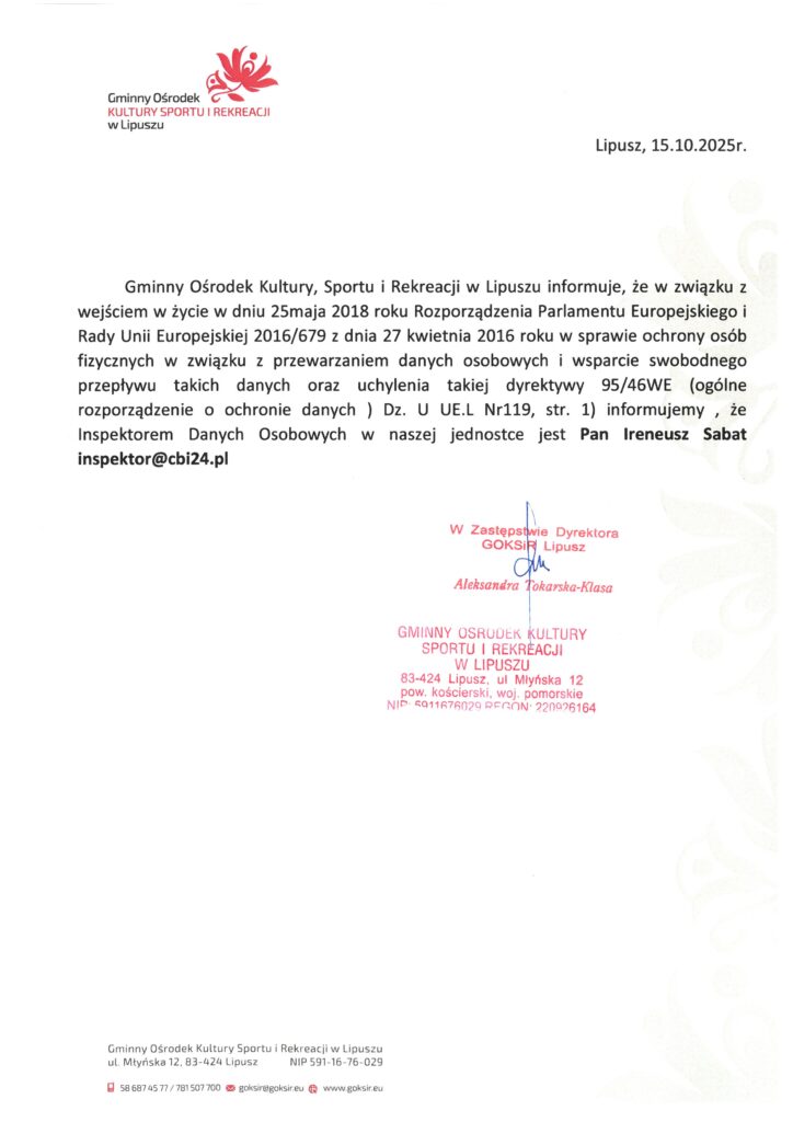 pismo na druku firmowym GOKSiR dotyczące zmiany inspektora danych osobowych
