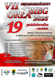 na plakacie widać flagę białoczerwoną, w górnym lewym rogu umieszczony jest Orzeł natomiast ww prawym dolnym roku jest zdjęcie Angeliki Cichockiej, która poprowadzi rozgrzewkę przed biegiem