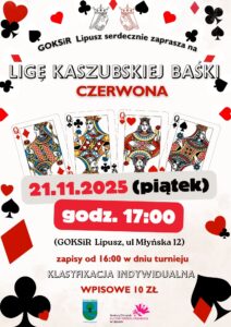 na plakacie ramkę tworzą figury karciane pik, karo, serce i krzyż, w centrum widać figury cztery damy karciane. Plakat w kolorystyce czerwono czarnej.