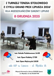 Widać plakat informujący o pierwszym turnieju tenisa stołowego dla mieszkańców gminy Lipusz w kolorach czarno-błekitno-czerwonym. w centralnej części jest zdjęcie przedstawiające czterech graczy: dwie kobiety i dwóch mężczyzn grających w ping ponga przy dwóch stołach.