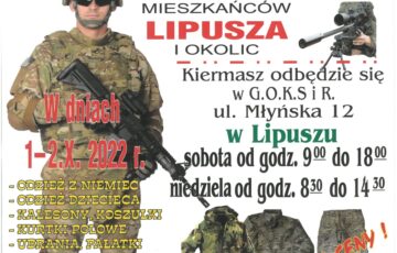 plakat z informacją o kiermaszu odzieży militarnej w GOKSiR Lipusz